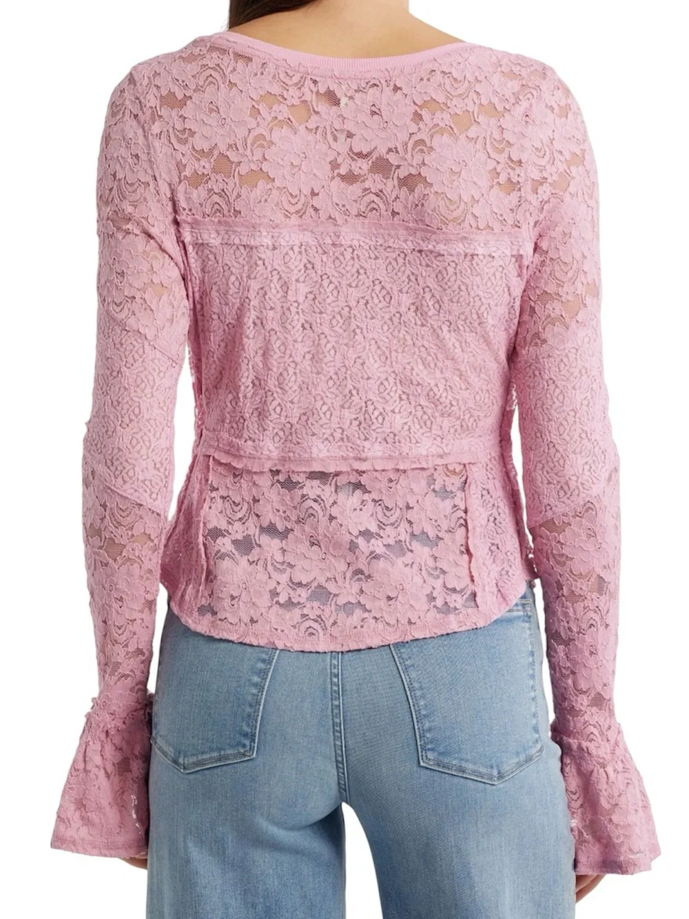Free People Pink Lace Bell-Sleeve Top